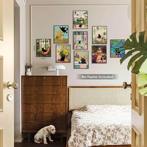 Vista 6 de Divertido póster de arte de pared de gato negro, juego de 9, impresiones en lienzo vintage de gato negro de Van Gogh, impresiones estéticas florales