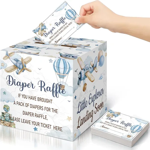 Vista 64 de Teling 51 boletos para rifas de pañales con caja de tarjetas, decoración de baby shower, caja de revelación de género para fiesta de rifas