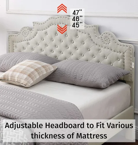 Vista 4 de Base de cama de plataforma tapizada tamaño Queen con cabecero ajustable de 47 pulgadas de alto, cama de lino copetuda con botones, soporte de Beige