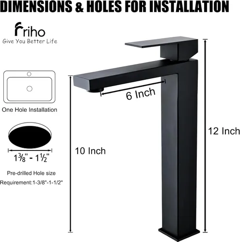 Vista 8 de Friho - Grifo de lavabo negro mate, grifos altos de baño, un solo agujero