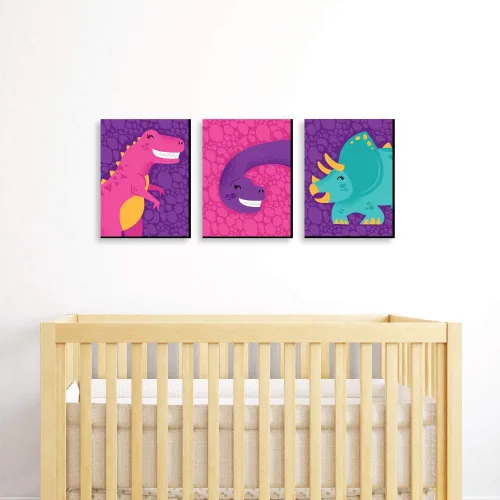Vista 2 de Big Dot of Happiness Roar Dinosaur Girl – Dino Mite T-Rex - Arte de pared para habitación de niños y decoración de habitación de niños, ideas
