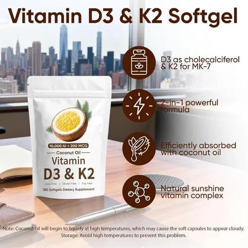 Vista 3 de Naturals D3 K2, Vitamina D3 10000 UI + K2 200 MCG, Vitamina D3 y K2 Cápsulas blandas de aceite de coco para hueso, salud inmunológica, aumenta
