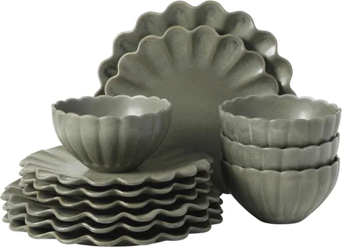 Vista 29 de Gibson Elite Peach Orchard - Juego de vajilla de porcelana de hueso de 12 piezas para 4, platos y cuencos estriados en relieve, apto