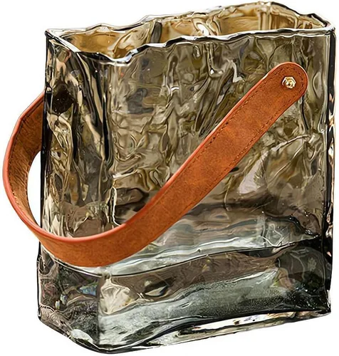 Vista 11 de Jarrón de cristal para flores, jarrones transparentes para centros de mesa, florero de bolsa con mango de cuero para decoración de bodas