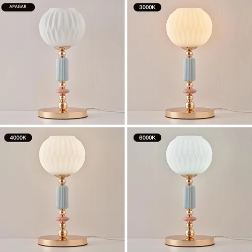 Vista 4 de Moderna lámpara de mesa de cristal blanco leche, lámpara de mesita de noche, lámpara de escritorio de metal con interruptor de cable de enchufe