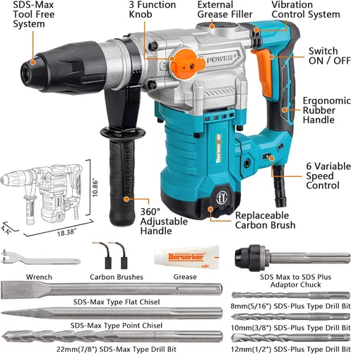 Vista 2 de Berserker SDS-Max - Rotomartillo de 1-9/16" de servicio pesado con control de vibración, embrague de seguridad, 13 amperios, 3 funciones