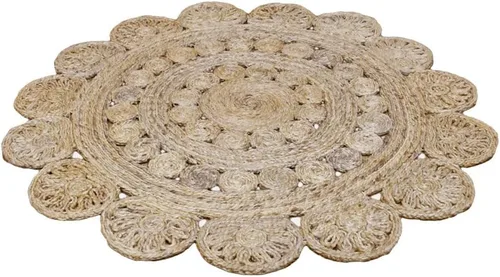 Vista 3 de Alfombra oriental tejida a mano de yute ecológica, 5 x 5 pies, forma redonda, color beige, patrón oriental, pelo alto, fibra natural, alfombras