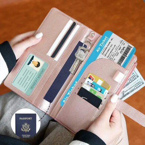 Vista 6 de Sbrinnaliao Cartera de viaje con bloqueo RFID multiuso para pasaporte, Rosado, Classic