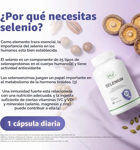 Vista 4 de HUJ Suplemento de selenio, 60 cápsulas, soporte antioxidante, suplemento mineral