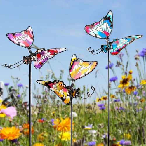 Vista 7 de Juegoal Juego de 3 estacas de jardín de mariposas, estacas de mariposas coloridas de 20 pulgadas, adornos artísticos de vidrio y metal para patio