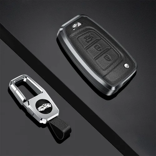 Vista 3 de SANRILY Marco de aleación de aluminio y funda de cuero genuino para llavero Hyundai I30 Kona 2017 en adelante, Veloster 2018 sin llave, protección