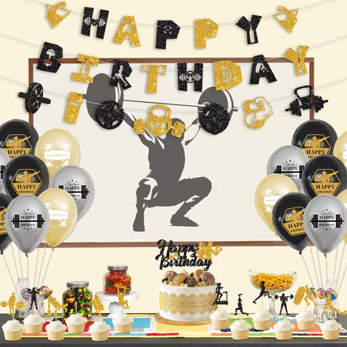 Vista 3 de KEFAN Decoraciones de fiesta de cumpleaños de gimnasio, suministros de fiesta temática de fitness negro y dorado con globos de látex, decoración