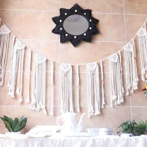Vista 5 de TENEWEE - Espejo de pared colgante redondo de macramé bohemio Handmade woven, black, wall hanging HD glass; entryway, bedroom, apartment, hallway