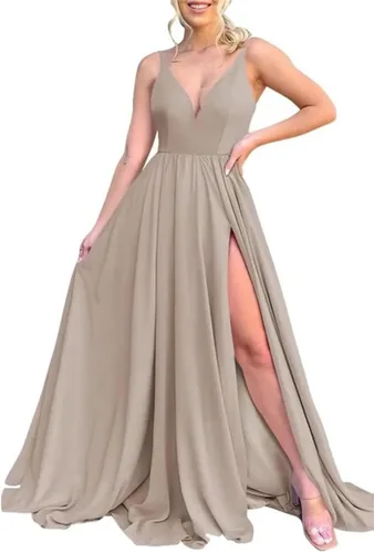 Vista 20 de Vestidos largos de dama de honor para mujer, con abertura, cuello en V, vestido de fiesta formal para boda
