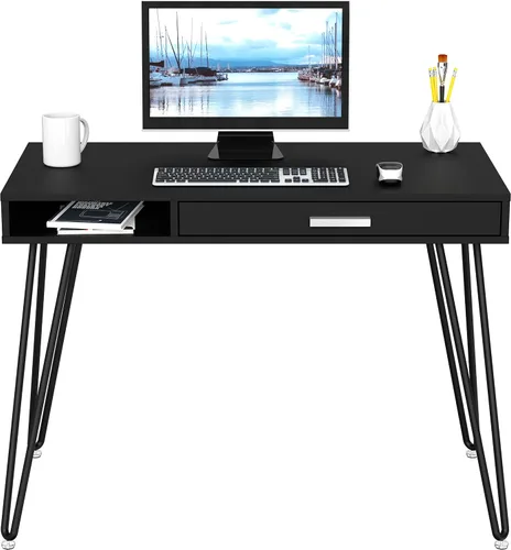 Vista 4 de SHW Escritorio de patas con horquilla para computadora de oficina en casa con cajón, color negro