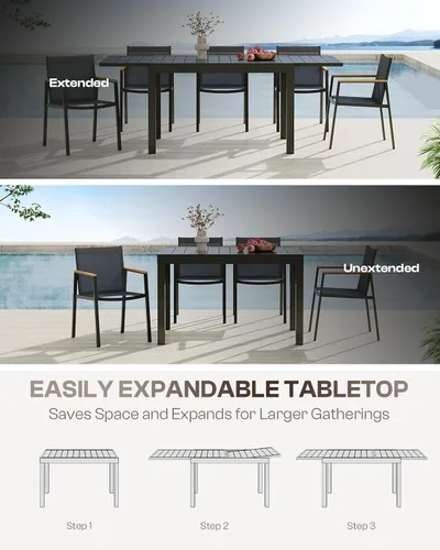 Vista 2 de Mesa de comedor expandible de aluminio para patio al aire libre para 4-8 personas, mesa rectangular para todo tipo de clima (48"-79") con rieles