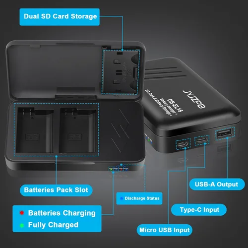 Vista 2 de JYJZPB EN-EL15C EN-EL15 Estación de almacenamiento de cargador de batería con ranuras para tarjetas SD USB-C Dual Charger Case with USB Output and