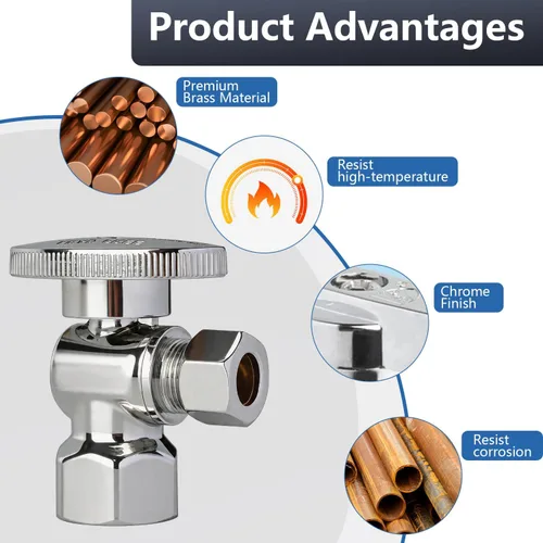 Vista 6 de Válvula de Parada Angular WiseWater 1/2" FNPT x 3/8" OD de Compresión, Válvula de Cierre de Inodoro de Cuarto de Vuelta de Latón Cromado para Baño