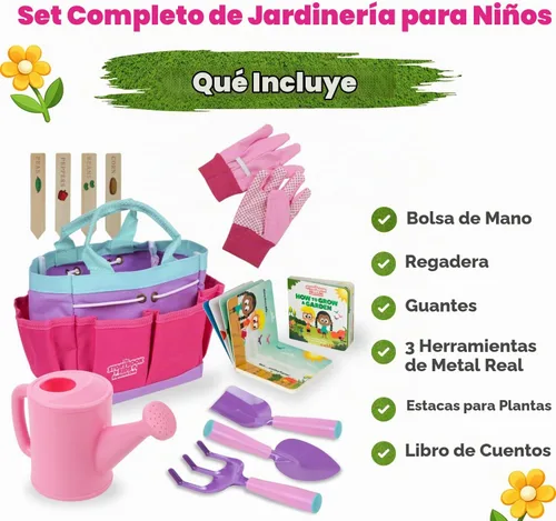 Vista 2 de Herramientas de jardinería rosas para niños: incluye bolsa de mano resistente, regadera, guantes, palas, estacas de jardín y un encantador libro