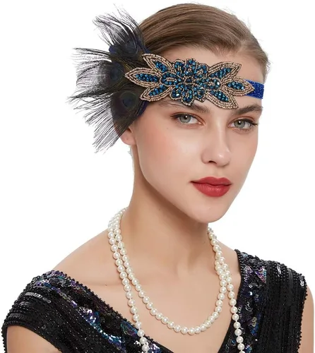 Vista 27 de Roaring 20s Great Gatsby - Diadema estilo flapper para mujer, estilo Art Deco de los años 20, con plumas A azul