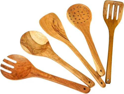 Vista 2 de Rainforest Bowls Juego de 5 utensilios de cocina de madera de teca javanesa, incluye cucharas para mezclar, servir, ranuradas, servidor de pasta