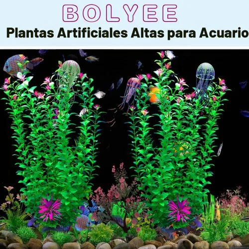 Vista 3 de 2 plantas de decoración de acuario de 21 pulgadas, plantas de plástico artificial extra grandes con flores, decoración de pecera alta para pecera
