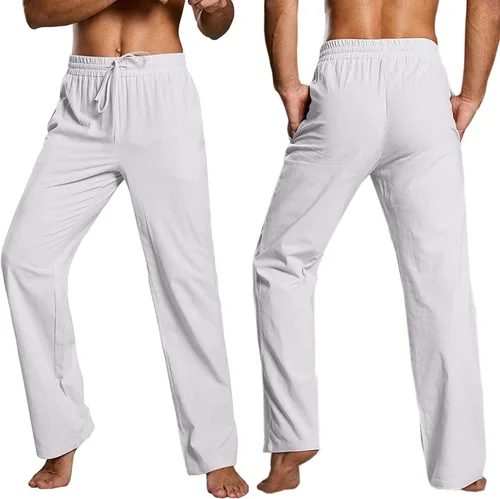 Vista 5 de Enjoybuy Pantalones de lino con cordón para hombre, para playa, golf, cintura elástica, primavera, largos, casuales, sueltos, para yoga, verano