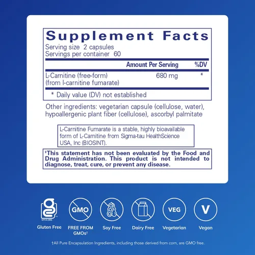 Vista 2 de Pure Encapsulations Fumarato de L-carnitina Suplemento hipoalergénico para mejorar el músculo 120 cápsulas Fumarato de L-carnitina para apoyo
