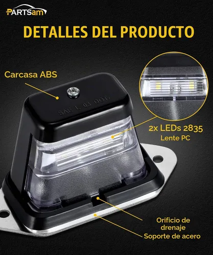 Vista 4 de Partsam Luz de matrícula LED impermeable de 12V CC con luz para placa de licencia, soporte con orificio de drenaje, carcasa de ABS, lente de PC