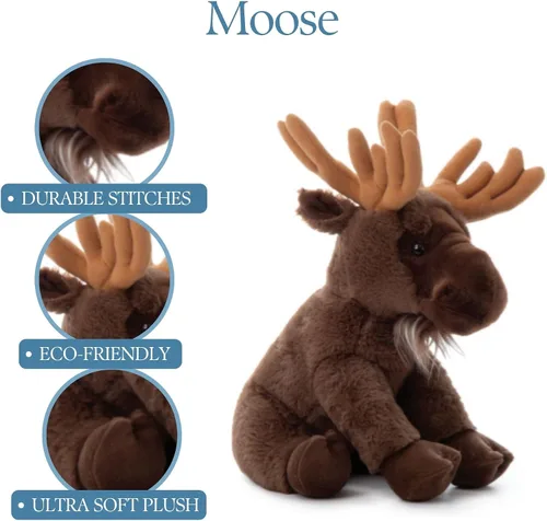 Vista 5 de The Petting Zoo Peluche de alce, regalos para niños, animales salvajes del zoológico Onez, juguete de peluche de alce sentado de 12 pulgadas