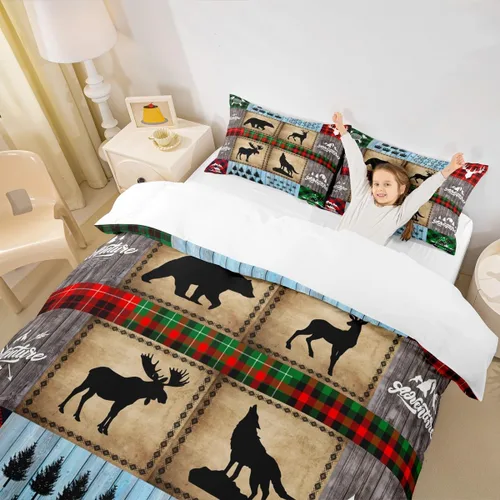 Vista 3 de Juego de funda de edredón para niños de ciervo, oso, lobo, tamaño individual, juego de ropa de cama de cabaña de aventura para niños, niñas