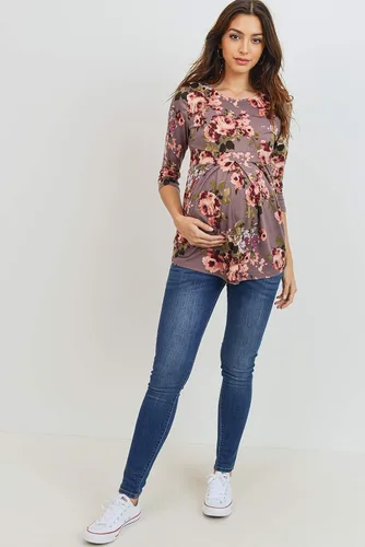Vista 37 de LaClef - Blusa de maternidad para mujer, cuello redondo, manga 3/4, plisada al frente, estilo peplum