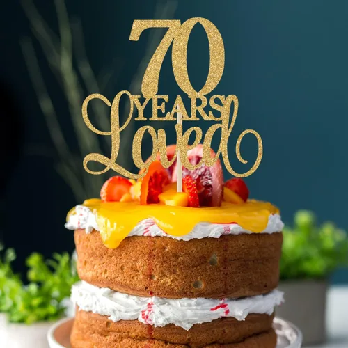 Vista 2 de Decoración para tartas de 70 años de amor, con texto en inglés "Cheers to 70 Years", decoración para tarta de cumpleaños de 70 años, 70 aniversario