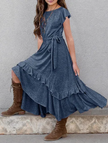 Vista 3 de MITILLY Vestido largo maxi suelto liso de manga 3/4 casual con bolsillos y volantes estilo swing con cinturón para niñas 01 Azul oscuro fultter