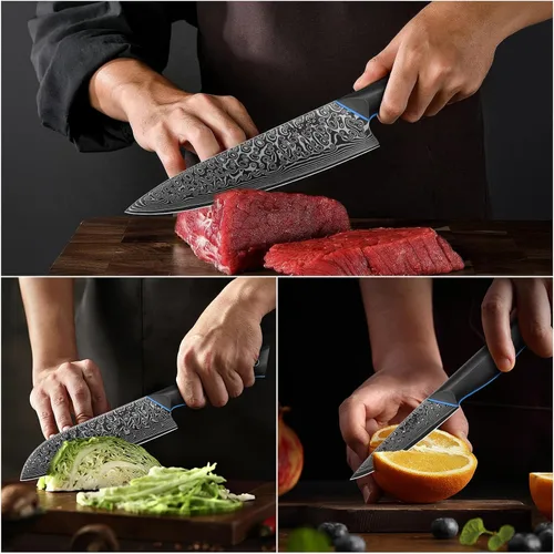 Vista 5 de Juego de cuchillos de cocina de 3 piezas, juego de cuchillos de chef ultra afilados forjados de acero japonés de Damasco de 67 capas, juego