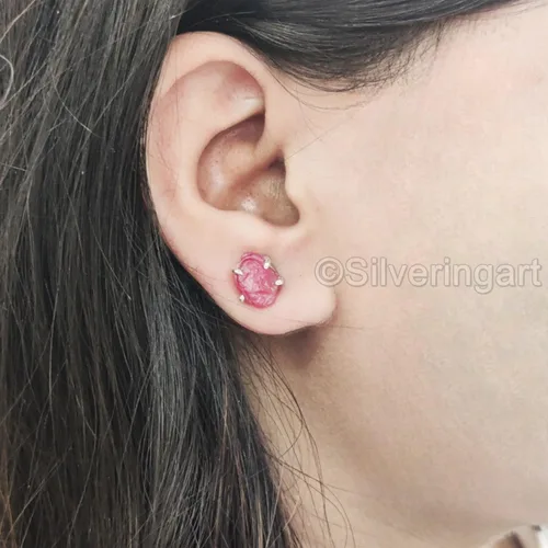 Vista 8 de AAA Rough Ruby Stud Earring, Natural Ruby Earring, July Birthstone, Womens Earring, 925 Sterling Silver, Christmas, Thanksgiving, Mens Studs