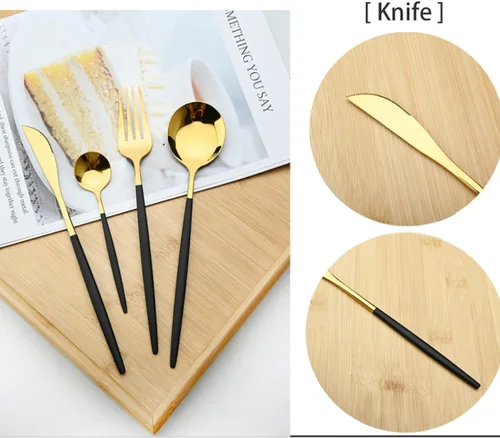 Vista 5 de Juego de cubiertos Cuchillo de cena Postre Tenedor Cuchara Juego de vajilla de acero inoxidable Vajilla de cocina 4 piezas Negro