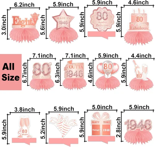 Vista 2 de Centros de mesa de nido de abeja de oro rosa de 80 años, globos de decoración temática, decoración de mesa para niñas y mujeres, dulce princesa