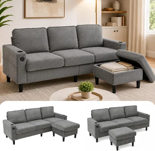 Vista 9 de Sofá modular de terciopelo en forma de L de 67 pulgadas con otomana, sofá convertible de 3 asientos con asiento profundo de nube para sala de estar