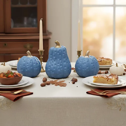 Vista 5 de Yookeer 3 piezas de decoración de calabaza de otoño de Acción de Gracias de resina azul dorado calabazas decorativas de otoño de Acción de Gracias