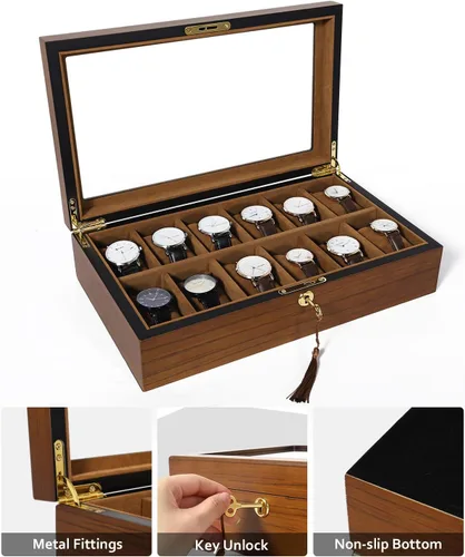 Vista 6 de Uten Caja de reloj con 12 ranuras, organizador de caja de reloj con cerradura dorada y llave, caja de almacenamiento de madera con cojines de reloj