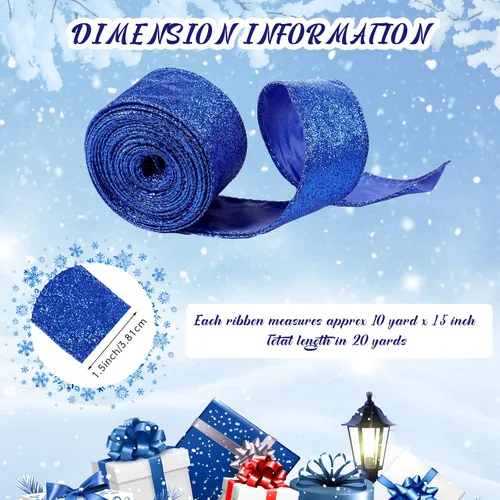 Vista 2 de 2 Rollos 20 Yardas Cinta de Navidad con Alambre Cinta Gruesa con Purpurina Cinta Metálica con Alambre para Envolver Regalos Cinta de Árbol
