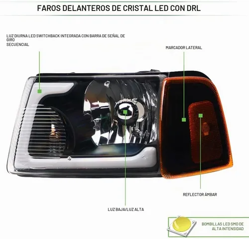 Vista 3 de 7422448582543 Compatible con 2001-2011 Ford Ranger Switchback Barra de tira LED secuencial de luces delanteras con carcasa negra y lámparas de señal