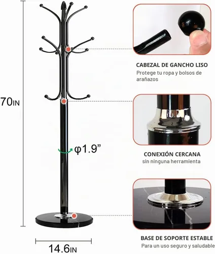 Vista 3 de Kertnic Perchero independiente, árbol de pasillo de metal resistente con 12 ganchos, perchero estable de 70 pulgadas de alto con base de mármol Negro
