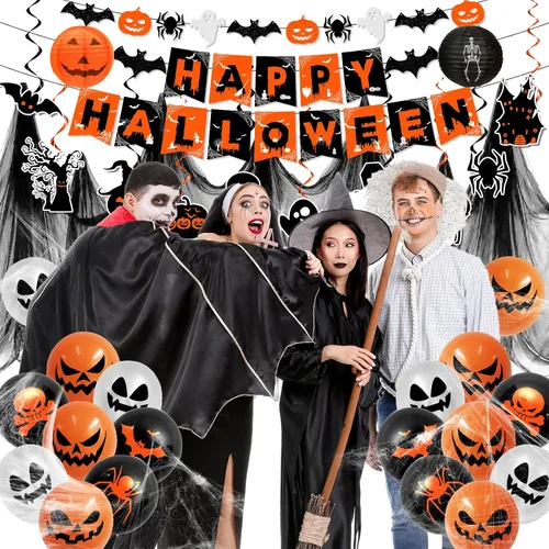 Vista 2 de Decoraciones de Halloween, decoraciones de fiesta de Halloween naranja y negro, remolinos colgantes, pancarta de araña de fantasma y murciélago