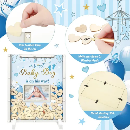 Vista 4 de Beeveer 65 piezas de libro de invitados para baby shower, libro de invitados azul para baby shower, libro de invitados con marco de fotos y 60 chips