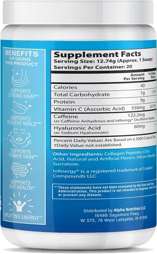 Vista 2 de Peptide Energy - Colágeno en polvo para cabello, uñas, piel, tipo I y III, cafeína para energía, vitamina C, biotina, ácido hialurónico, cero