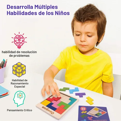 Vista 5 de Coogam Rompecabezas de madera con patrón de bloques de cerebro juego con 60 desafíos, juguete de construcción ruso 3D de madera en forma de tangram