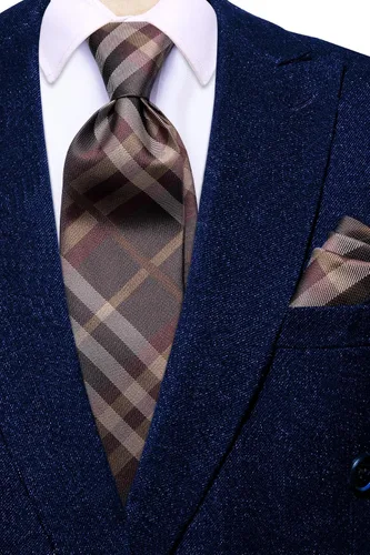 Vista 338 de Hi-Tie Corbata clásica de cachemira para hombre con pañuelo y gemelos a cuadros