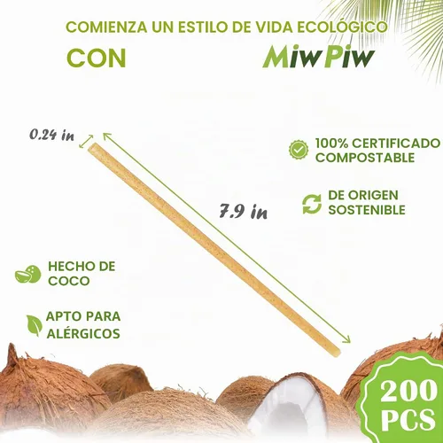 Vista 2 de Pajitas de coco biodegradables, 200 unidades, fibra de coco, desechables